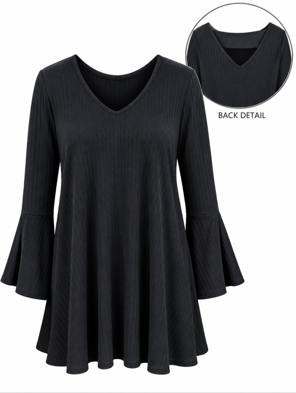 WESTBOUND | Black Ribbed Double V Split Bell Sleeve Dark Fairy Tunic Top | XL